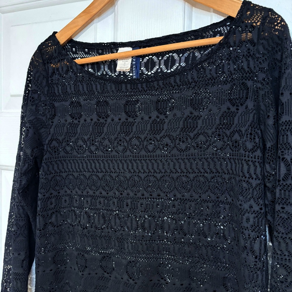 Ralph Lauren VTG 90s Womens M Black Lace Cover Up 3/4 Sleeve Tunic Top Stretch